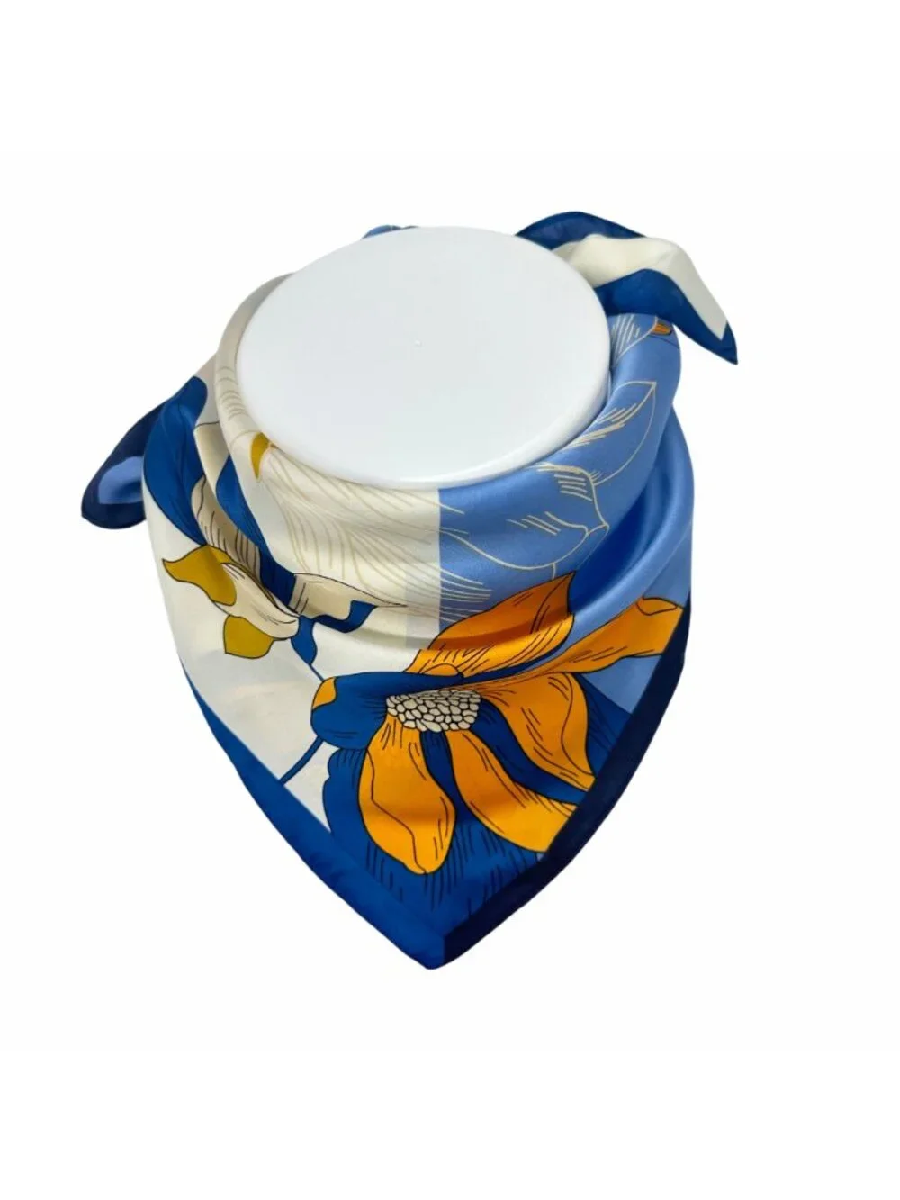 Elegant Bandana Floral Silky Square Scarf Luxurious BLUE ORANGE Soft Satin Hijab